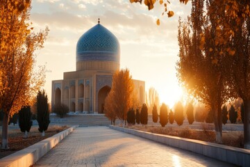 Poster - The blue-tiled Chashma-Ayub Mausoleum in Bukhara, surrounded by serene gardens and soft light filtering through the trees