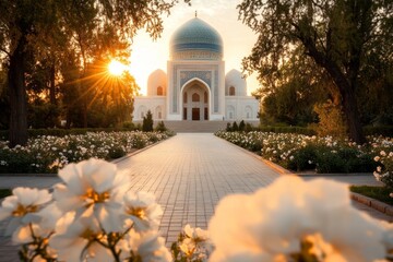 Poster - The blue-tiled Chashma-Ayub Mausoleum in Bukhara, surrounded by serene gardens and soft light filtering through the trees