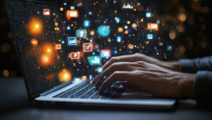 Aufkleber - Hands Typing on Laptop with Digital Icons and Infographic Elements Representing Data Analysis, Technology, Communication, and Modern Business Concepts in a Dark Background
