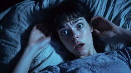 Wall Mural - a woman in bed with wide-open eyes, looking frustrated with insomnia.