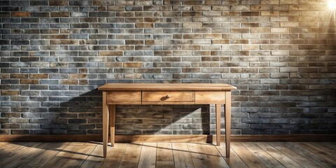 Poster - Rustic wooden console table against a textured brick wall background bathed in sunlight
