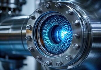 Poster - High-Resolution Close-Up of Industrial Equipment Featuring Blue Illuminated Core, Showcasing Engineering Precision and Advanced Technology in a Manufacturing Environment