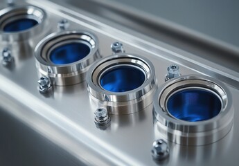 Poster - High-Speed Precision Machining Components with Blue Anodized Finishes in a Modern Industrial Setting