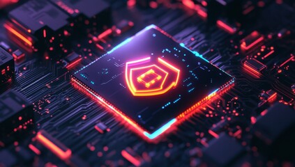 Poster - High-Tech Circuit Board with Illuminated Shield Symbol Representing Cybersecurity and Digital Protection in a Futuristic Environment