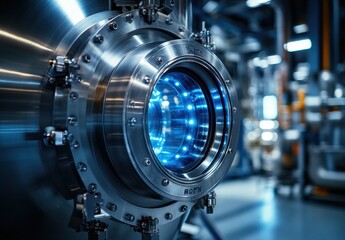 Poster - High-Tech Industrial Equipment Close-Up Showing Advanced Metal Design with Glowing Blue Lights in a Modern Manufacturing Facility
