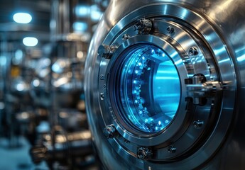 Poster - High-Tech Industrial Equipment with Blue Lighting and Steel Finish in a Modern Manufacturing Facility