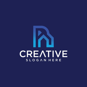 R letter house logo design in dot line art style building technology R letter logo modern buiding