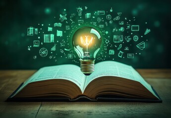 Poster - Illuminating Ideas: A Conceptual Image of an Open Book with a Glowing Light Bulb and Floating Educational Symbols Representing Knowledge and Creativity