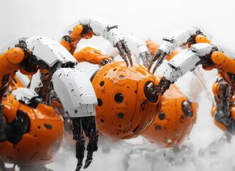 Poster - Intricate Futuristic Robots Manipulating Vibrant Orange Spheres in a Dynamic Composition Highlighting Technology and Innovation in Automation