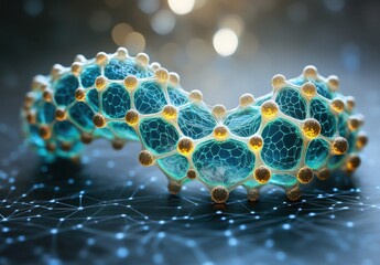 Poster - Intricate Molecular Structure with Blue and Gold Elements Showcasing Advanced Scientific Concepts in a High-Tech Laboratory Environment