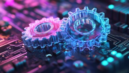Poster - Intricate Transparent Gears on Colorful Circuit Board Background Showcasing Technology and Engineering Innovation in a Modern Digital World