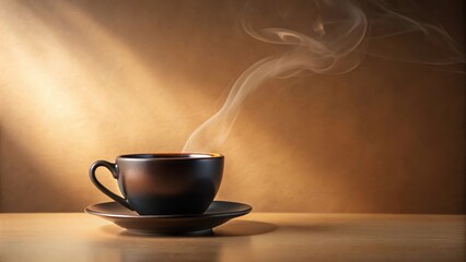 Poster - Warm Light Illuminates a Steaming Cup of Coffee on a Wooden Table