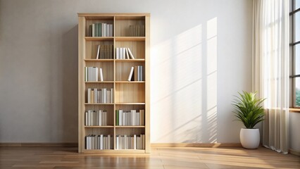 Poster - Light-filled room interior with a minimalist wooden bookcase filled with books and a potted plant