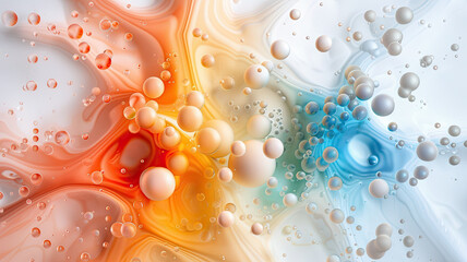 Poster - Abstract fluid art with vibrant orange, blue, and white bubbles blending seamlessly