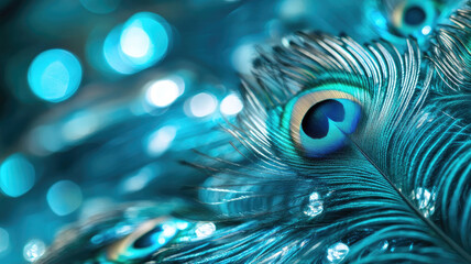 Poster - Vibrant peacock feathers with shimmering blue and green hues in soft focus
