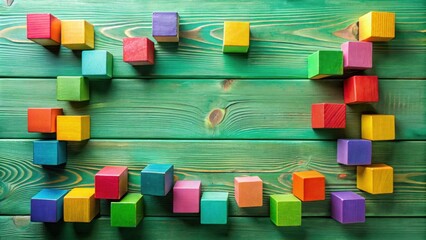 Aufkleber - Colorful wooden blocks arranged on a green wooden surface creating a frame