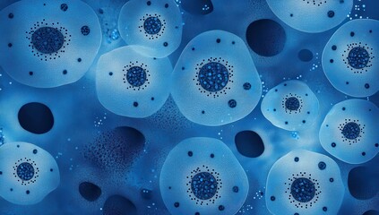 Poster - Microscopic View of Blue Cells with Intricate Patterns under Scientific Observation, Conceptualizing Life's Building Blocks in a Futuristic Digital Environment