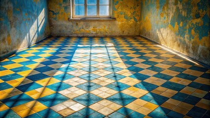 Aufkleber - Sunlit Room with Checkered Tile Floor and Aged Walls
