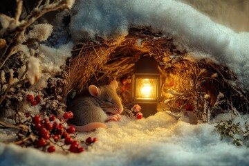 Poster - Cozy mouse resting in a snowy burrow with a glowing lantern and winter berries nearby. Generative AI