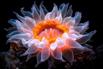Poster - A 3D-rendered isolated coral polyp glowing under UV light, with intricate fluorescent patterns and vibrant colors highlighted against a deep black backdrop