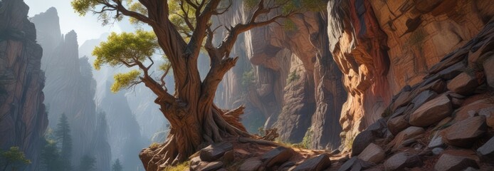 A massive tree trunk dominates the face of a sheer cliff, terrain, natural world