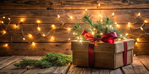 Aufkleber - Rustic Wooden Gift Box Adorned with Evergreen Boughs and Festive Lights on a Wooden Surface