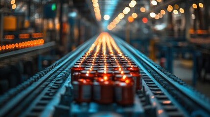 Wall Mural - Automated Production Line in a Factory with Illuminated Can Conveyors Over a High-Tech Manufacturing Environment for Beverage Packaging