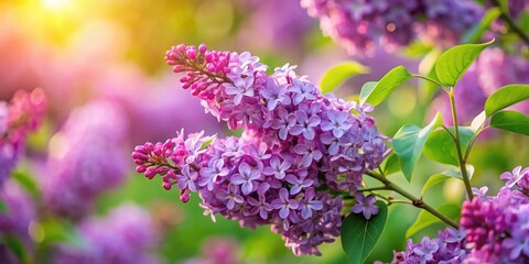 Aufkleber - Stunning Lilac Blossoms in Soft Sunlight A Close-Up View of Delicate Purple Flowers and Lush Green Leaves
