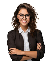 portrait of a beautiful brunette business woman with eyeglasses and crossed arms isolated on white or transparent png