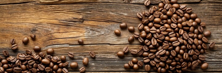 coffee background with beans on rustic old oak wood