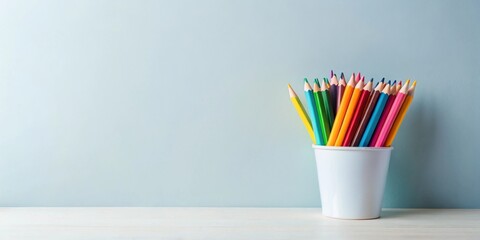 Poster - A Colorful Collection of Pencils in a White Holder on a Table Against a Light Blue Wall