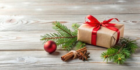 Aufkleber - A rustic Christmas gift, adorned with a vibrant red ribbon, rests on a weathered wooden surface, surrounded by fragrant cinnamon sticks, star anise, and lush evergreen sprigs.