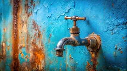 Poster - Rustic Weathered Faucet on a Teal and Rust-Colored Wall