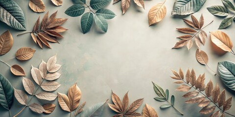 Poster - Autumnal foliage arrangement with muted tones and empty center space for text or design elements.