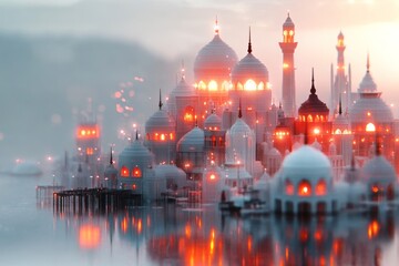 Poster - A charming pixel art depiction of Registan Square, with tiny characters walking amidst vibrant tiled madrasas and glowing domes in a pixelated landscape