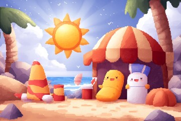 Poster - A charming pixel art depiction of a UV sun glowing brightly over a small pixelated beach scene, with tiny characters applying sunscreen and relaxing under umbrellas