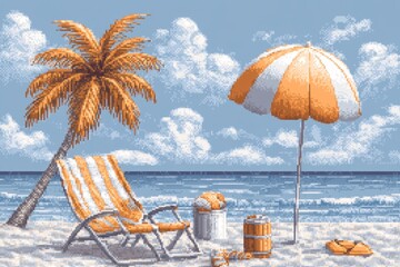 Poster - A charming pixel art depiction of a UV sun glowing brightly over a small pixelated beach scene, with tiny characters applying sunscreen and relaxing under umbrellas