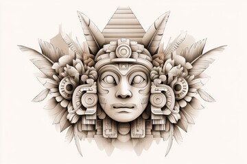 Aufkleber - A clean line art illustration of the Pyramid of the Magician featuring stylized Aztec symbols on its facade, drawn in muted earthy tones on a white background