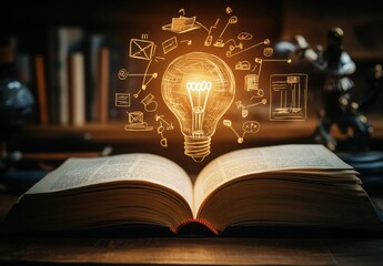 Poster - Open Book with Glowing Light Bulb Above, Symbolizing Knowledge and Creativity in Learning, Surrounded by Educational Icons and Concepts in a Cozy Library Setting