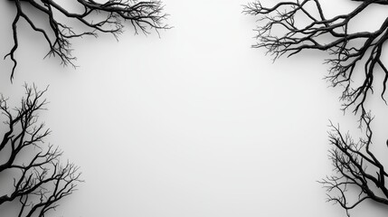 Poster - Black and White Silhouetted Tree Branches Framing a Minimalist White Background for Artistic Design