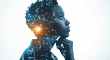 Poster - Profile of a Thoughtful Woman Merging with Futuristic Technology Concept, Symbolizing Innovation and Creativity in the Digital Age