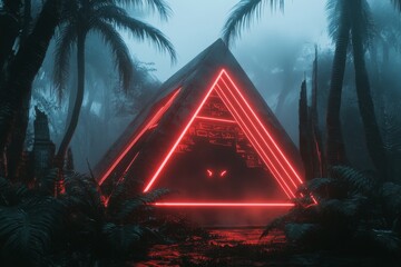Poster - A cyberpunk-inspired depiction of the Uxmal pyramid with neon Aztec patterns glowing under a futuristic jungle night, surrounded by holographic projections