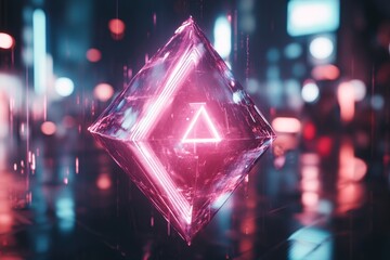 Poster - A cyberpunk-inspired glowing object suspended in isolation under UV light, with neon accents and holographic projections in a dark urban environment