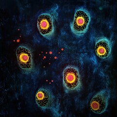 Leinwandbilder - Magnified view of colorful viruses showcasing intricate structures in scientific exploration. Generative AI