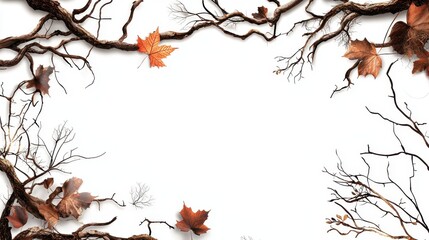 Poster - Delicate Tree Branch Silhouettes with Autumn Leaves Framing Nature Inspired Background
