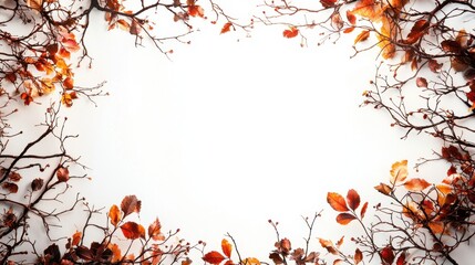 Poster - Rustic Silhouetted Tree Branches with Autumn Leaves Creating a Natural Border on a White Background