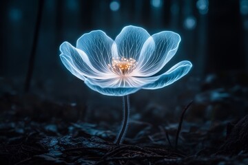 Poster - A dark and moody illustration of a single glowing flower under UV light in a shadowy forest clearing, with faint mist surrounding the scene