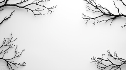 Poster - Vintage Silhouetted Tree Branches on White Background with Minimalist Aesthetic and Elegant Borders