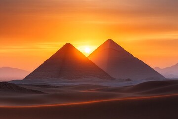 Poster - A dramatic shot of the pyramid at dusk, with warm golden light fading into the horizon and the structure silhouetted against the sky