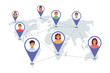 © aprint22com - International community people from different countries, marked on global map with GPS tags. International group students studying together at online university and receiving online education